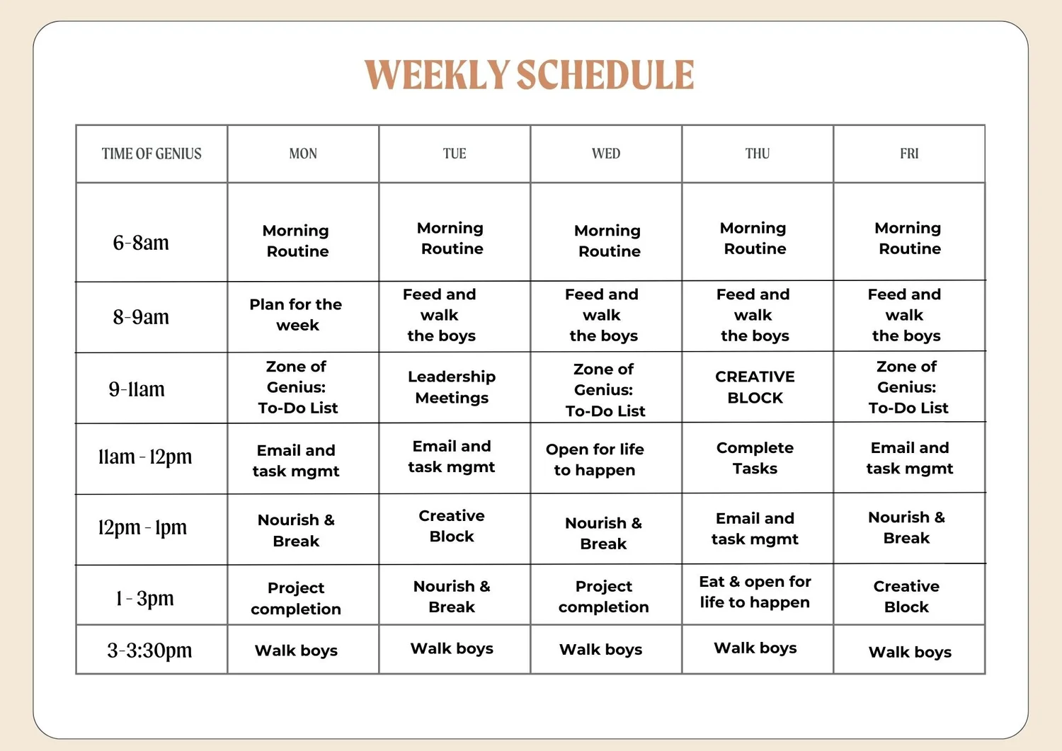 Weekly schedule planner showing a time-blocked daily routine from Monday to Friday